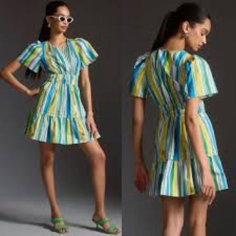 🕠 NWT | Anthropologie | The Somerset Striped Tiered Mini | Green/Yellow/Blue | L